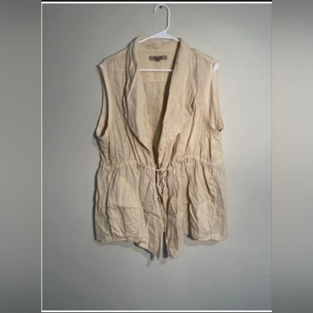 FLAX Lagenlook Loose Fit Linen Vest Size L Cream Enwrap Cotton Drawstring Boho